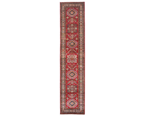 12 Feet Red Kazak Afghan Hand Knotted Wool Runner Rug